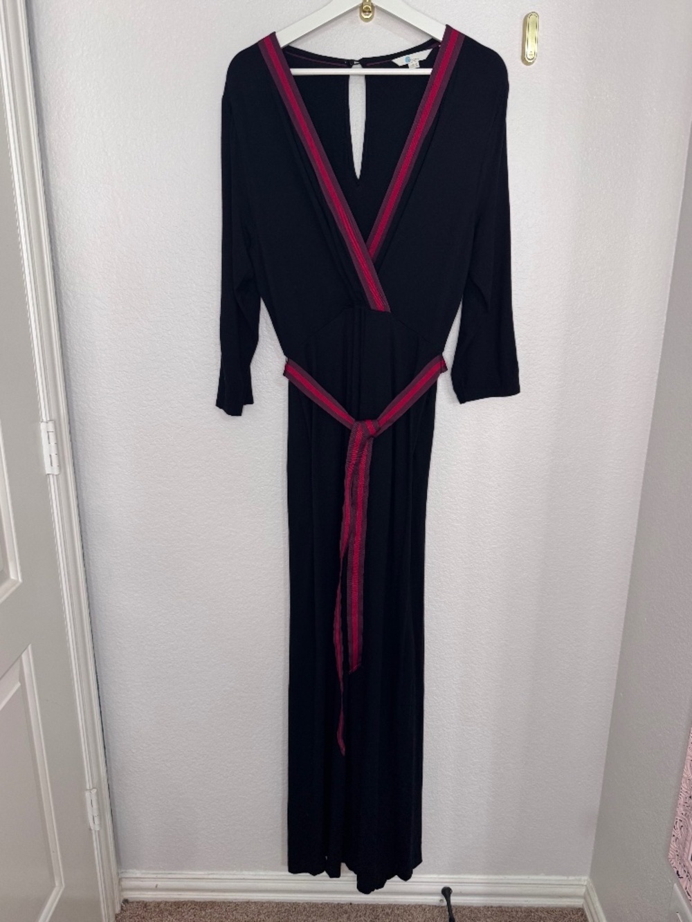 Boden Jessica Jersey Wide Leg Jumpsuit Black Burgundy Ribbon Trim 16R